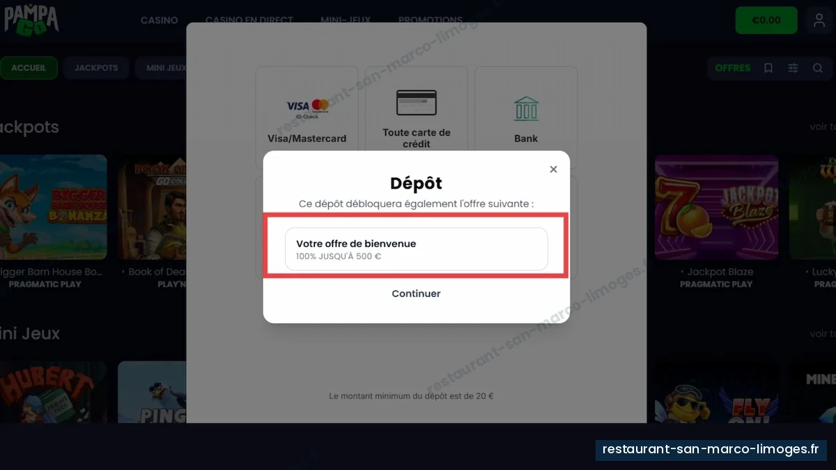 Fenêtre de dépôt de PampaGo affichant l'offre de bienvenue de 100 % jusqu'à 500 €